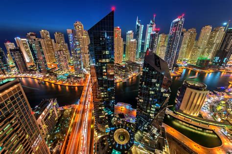 City Cityscape Night Dubai United Arab Emirates Water