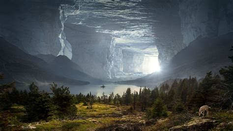 Green Forest Tree Daytime Fantasy Cave Mystical Rock Stone