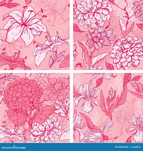 Set Of 4 Floral Seamless Patterns In Pink Colors Stock Vector