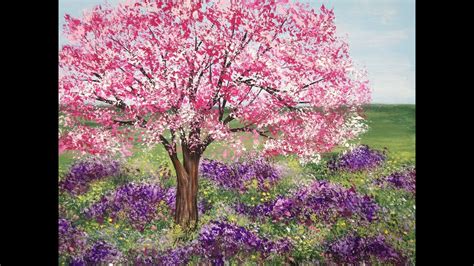 Acrylic Painting Cherry Blossom Tree And Lavender Meadow Landscape