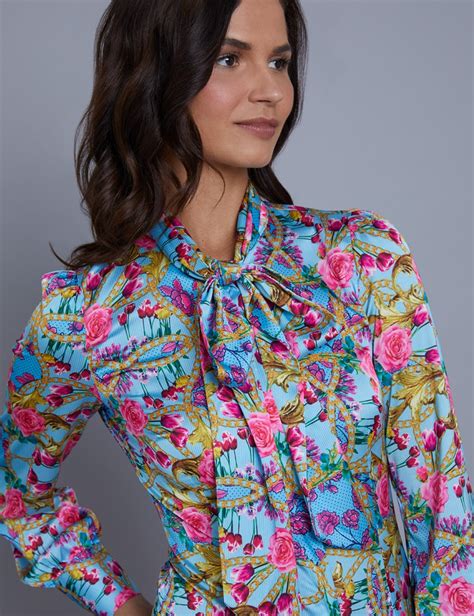 Womens Blue Floral Stripe Fitted Satin Blouse Single Cuff Pussy Bow Hawes And Curtis