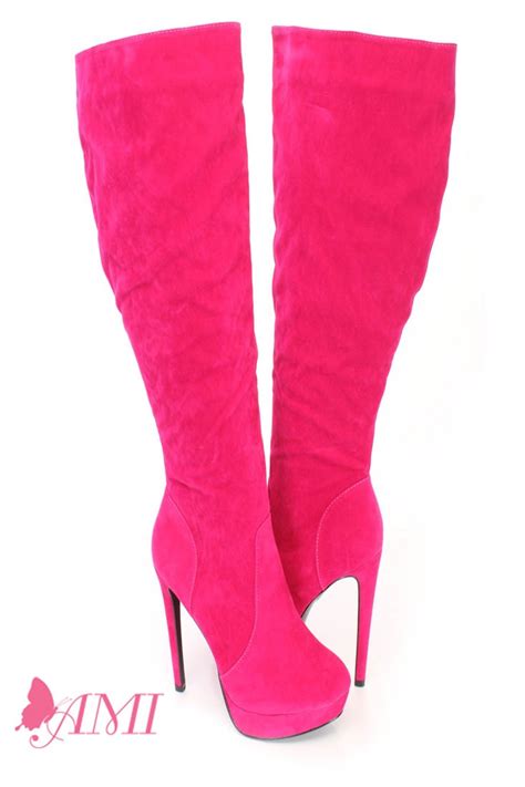 Hot Pink Platform High Heel Boots Faux Suede