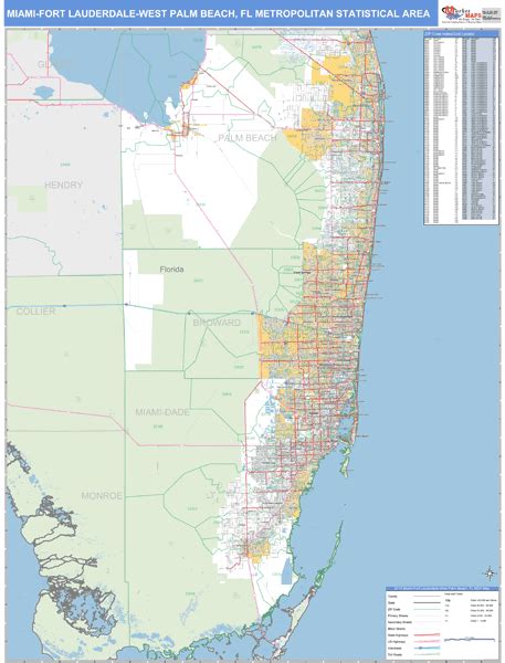 Miami Fort Lauderdale West Palm Beach Fl Metro Area Wall Map Basic