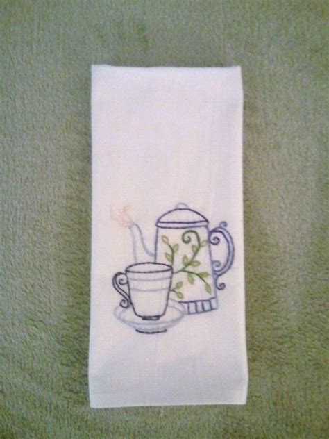 Hand Embroidered Tea Pot With Cup And Saucer Towel Etsy Tea Towels