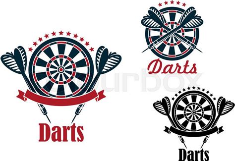 Darts Sport Game Emblems And Symbols With Target Dart Ribbon And Text