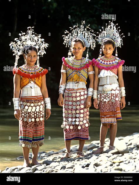 Women Of The Ethnic Group Of The Iban People Wearing Traditional Dress Skrang River Rajang