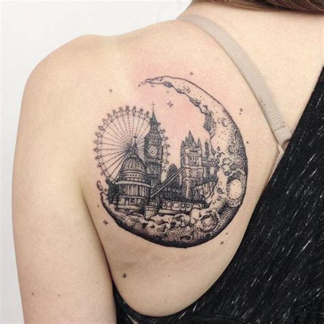 Blackwork City Of London In Moon By Alex Odisy Tattoos