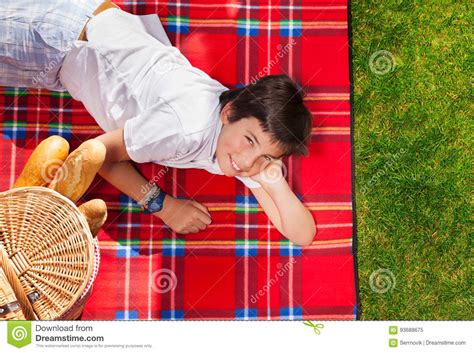 Smiling Boy Laying On Plaid Next To Picnic Basket Stock Image Image