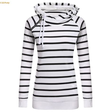 New Fashion Women Casual Double Hooded Striped Long Sleeve Pullover
