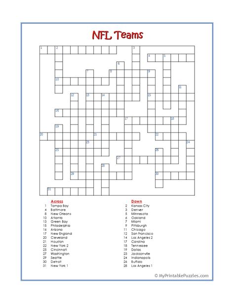 Nfl Teams Crossword Puzzle My Printable Puzzles