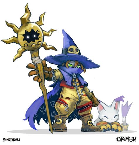 Tailmon Wizarmon Digimon Highres Cat Crescent Moon Gloves Hat Holy Ring Moon Skull