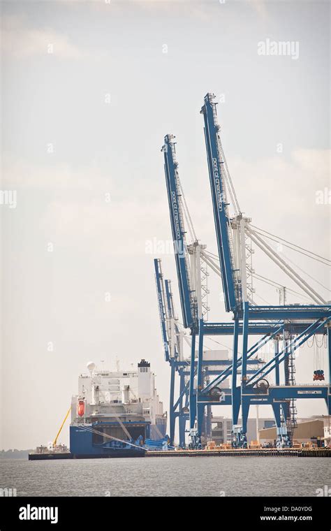 Cargo Ship Loads In The Port Of Charleston In Charleston Sc Stock