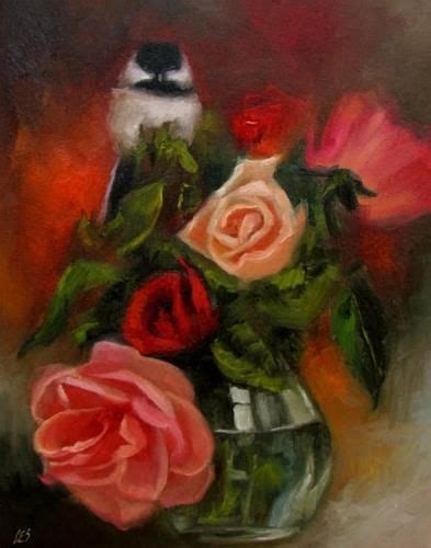 Daily Paintworks Rose Bouquet With Chickadee Original Fine Art