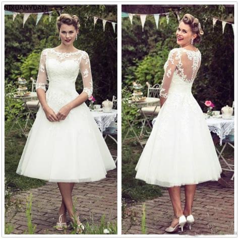Vintage 50s Style Short Lace Wedding Dresses Half Sleeves Tulle Lace