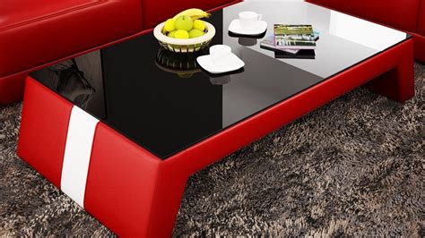 Contemporary Red Leather Coffee Table Wblack Glass Table Top My Aashis