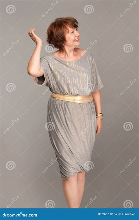 Beautiful Fashionable Mature Woman In Grey Dress Stock Image Image Of