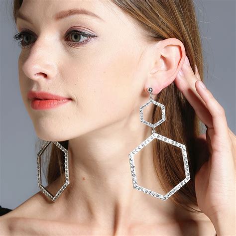 2017 New Sexy Exaggerated Big Statement Geometric Rhinestone Dangle Earrings For Women Rhombus