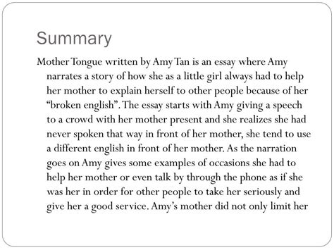 Amy Tan Mother Tongue Summary Essay Example