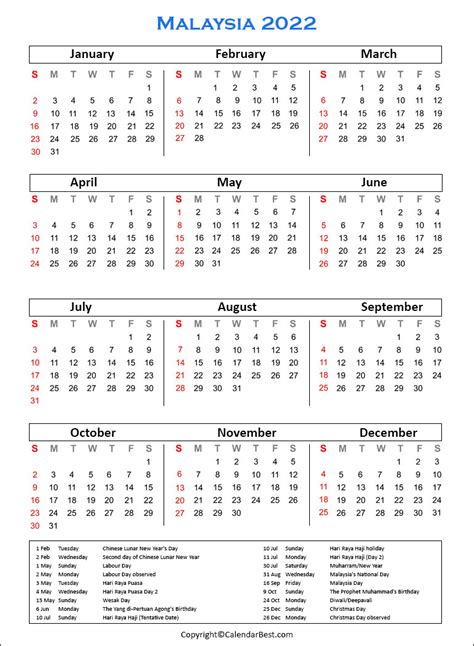 Malaysia Holiday Calendar 2022 Free Printable Calendar 2023