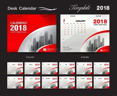 Desk Calendar 2018 Template Design Red Cover Set Of 12 Months