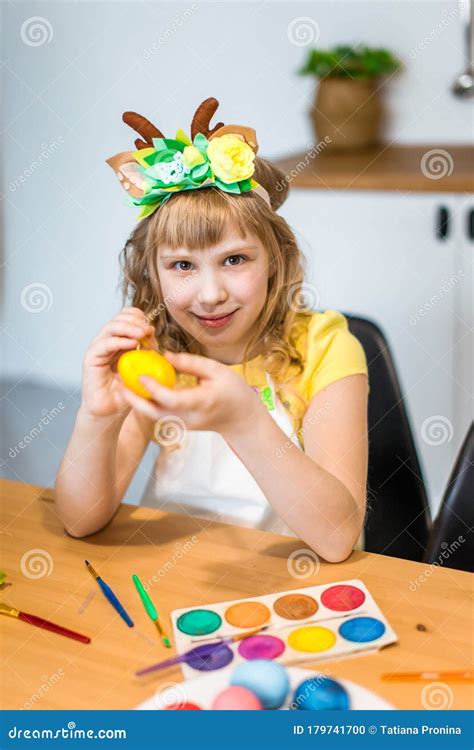 Cute Little Girl Painting On Easter Eggs Stock Photo Image Of