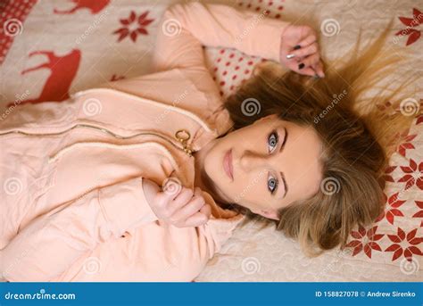 Beautiful Girl Lying On Her Back In Bed Stock Photo Image Of Lying