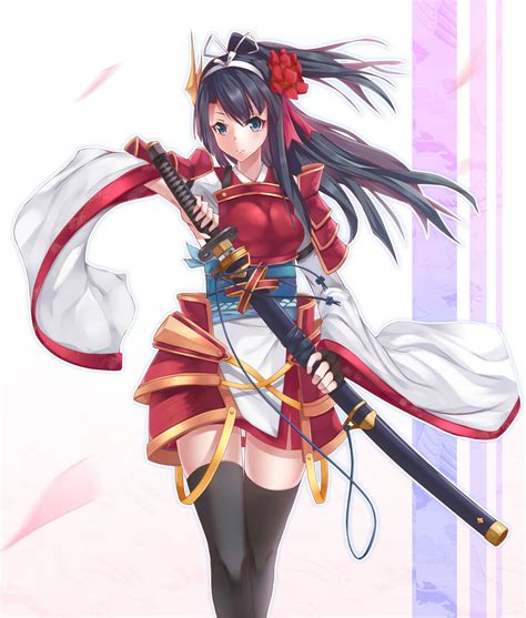 Wallpaper Illustration Long Hair Anime Girls Stockings Katana Armor Sword Mangaka