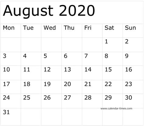 August 2020 Calendar Pdf Word Excel Calendar Pdf Excel Calendar