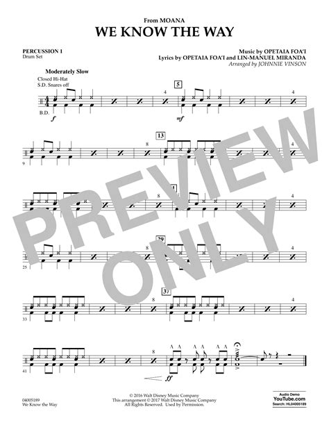 We Know The Way From Moana Arr Johnnie Vinson Percussion Sheet Music Opetaia Foa I