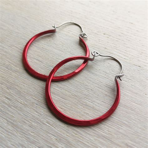 Small Bright Red Hoop Earrings Titanium Earrings Boho Etsy UK Red