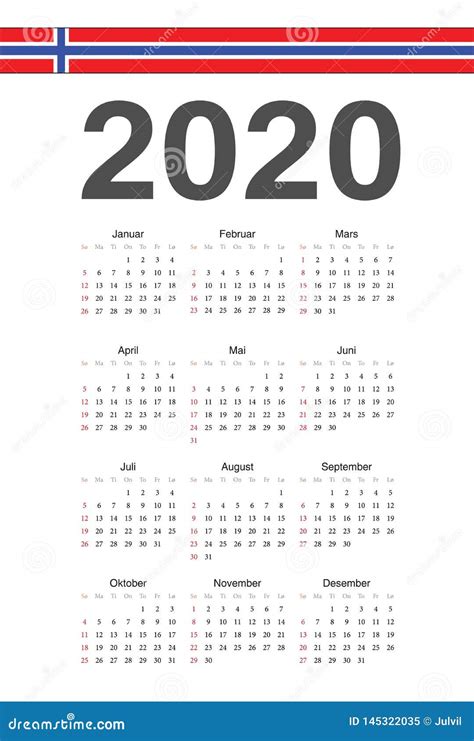 Norwegian 2020 Year Vector Calendar Stock Vector Illustration Of Page