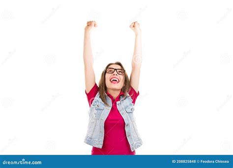 Happy Excited Woman With Arms Raised Up Celebrating Success Stock Photo