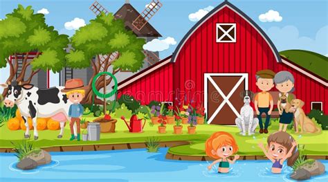 Farm Scene With Many Kids And Farm Animals Stock Vector Illustration
