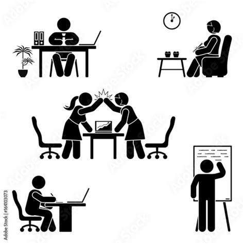 Stick Figure Office Poses Set Business Finance Workplace Support