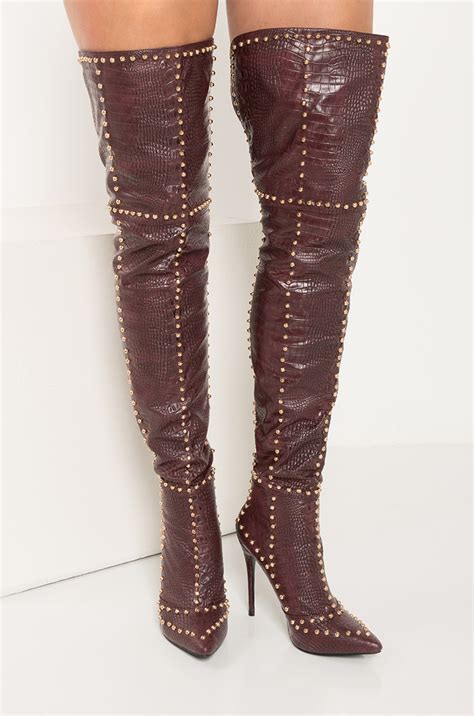 Akira Thigh High Faux Snakeskin Studded High Stiletto Heel