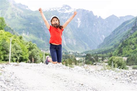 Portrait Of A Girl Against The Panorama Of The Alps Stock Image Image