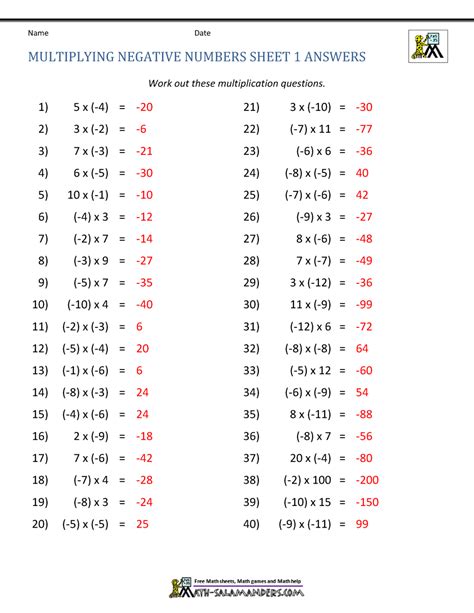 Multiplying Negative Numbers Worksheet With Answers