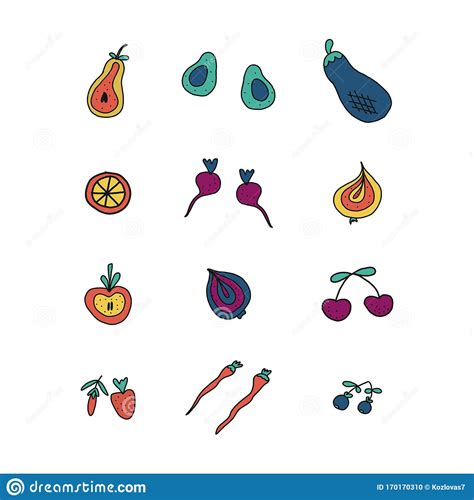 Set Of Doodle Fruits And Vegetables Vector Illustration Minimalism