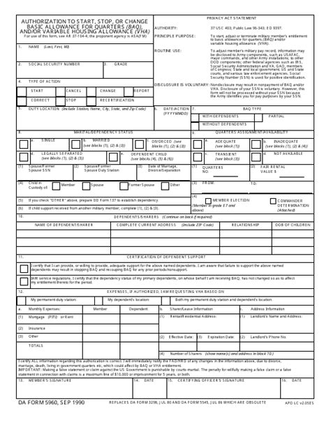 Da Form 5960 Download Fillable Pdf Authorization To Start Stop Or