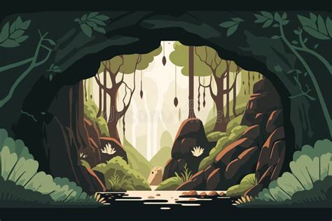 Landscape With A Waterfall In A Cave Vector Cartoon Illustration Stock