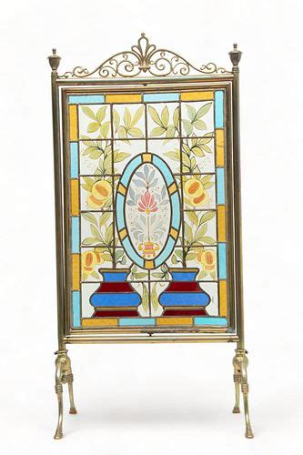 Brass Frame With Leaded Glass Fire Screen Ca 1900 H 39 W 19 Sold At