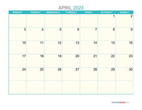 April Monday 2023 Calendar Printable Calendar Quickly