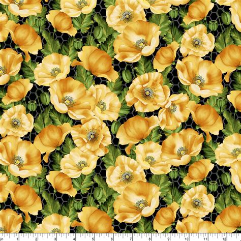 Henry Glass Bloomin Poppies Poppies Allover Goldblack Fabric