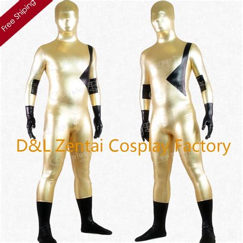 Free Shipping Dhl Sexy Full Body Back Zipped Gold And Black Shiny Metallic Zentai Suit Ps093 In