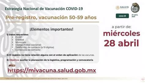 Regístrate y vacúnate si eres adulto mayor accede al registro en la web mivacuna.salud.gob.mx dispuesta por el gobierno central para recibir. Vacuna COVID-19, LINK de registro de 50 a 59 años hoy ...