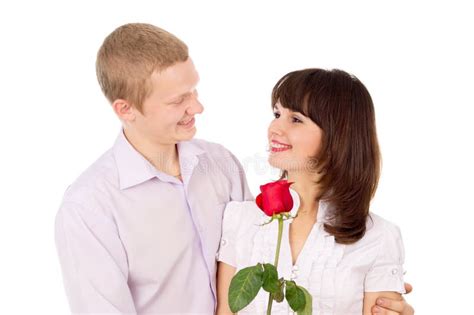 The Guy Gives A Girl A Rose Makes A Proposal Stock Image Image Of