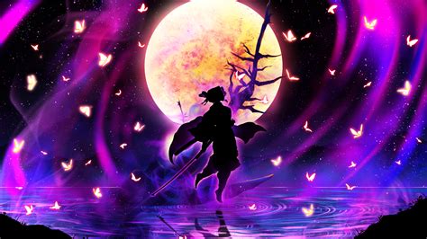 Demon Slayer Shinobu Kochou With Background Of Moon Stars And Lighting