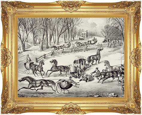 Currier And Ives A Spill Out On The Snow 12x16 Framed Art Canvas