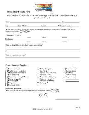 Printable Mental Health Intake Form Template Fill Out And Sign