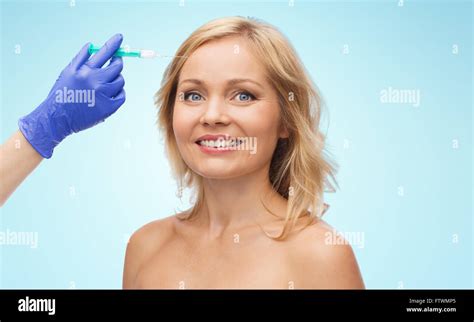 Happy Woman Face And Beautician Hand With Syringe Stock Photo Alamy